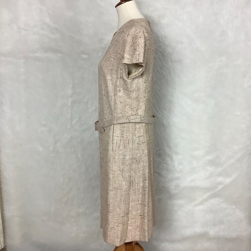Vintage 60s Beige Tweed Belted Dress, Double Breasted Jacket, Belt & Scarf Set L - Picture 8 of 14